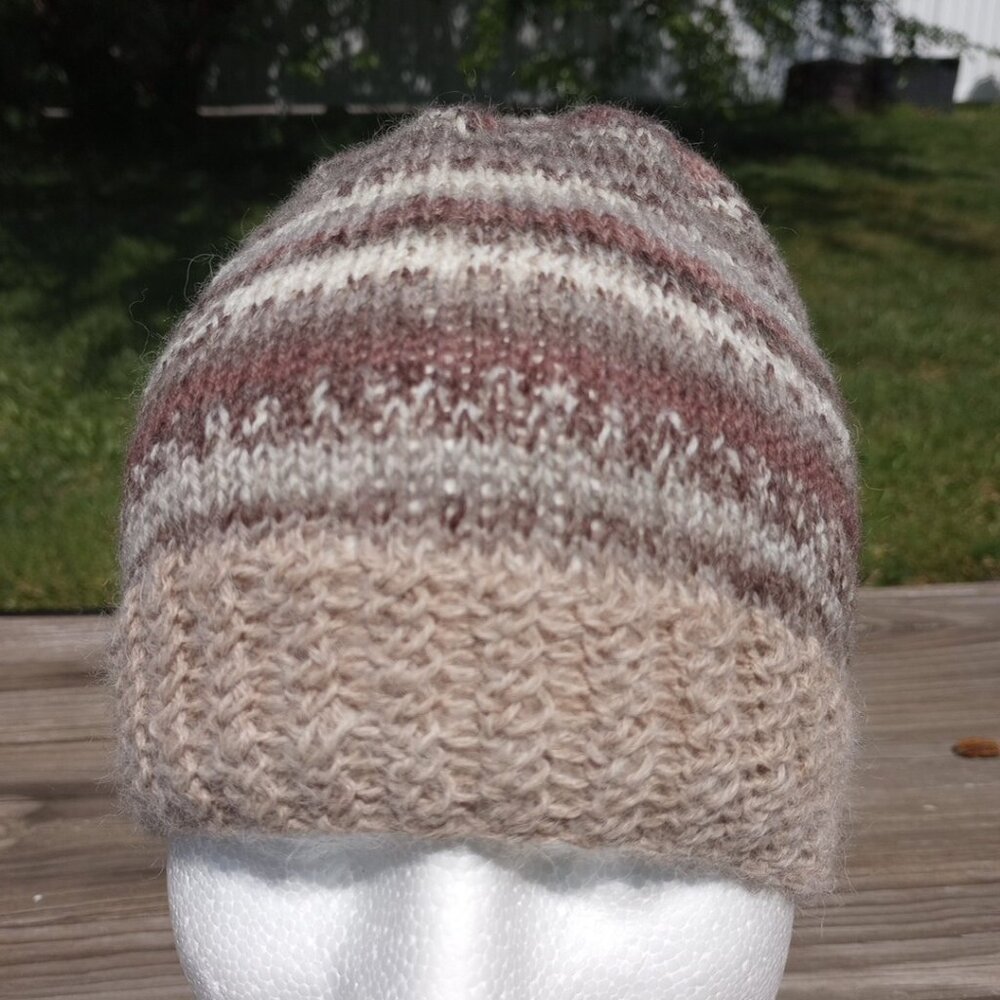 Mens Alpaca Wool Beanie Skully Hand Knit Hat Light Thin Faux Fair Isle Brown - Picture 3 of 10